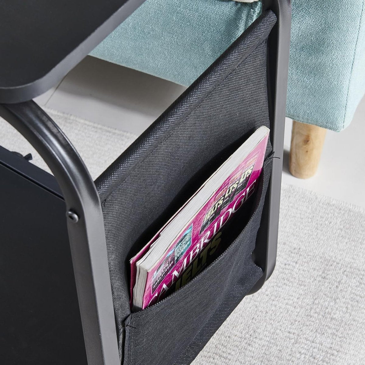 Black Rectangular C - Shaped Sofa Side Table with Wheels Metal Frame 61.5cm - Kwikley