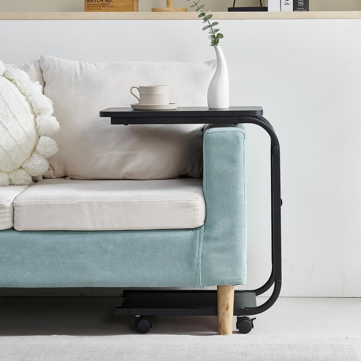 Black Rectangular C - Shaped Sofa Side Table with Wheels Metal Frame 61.5cm - Kwikley