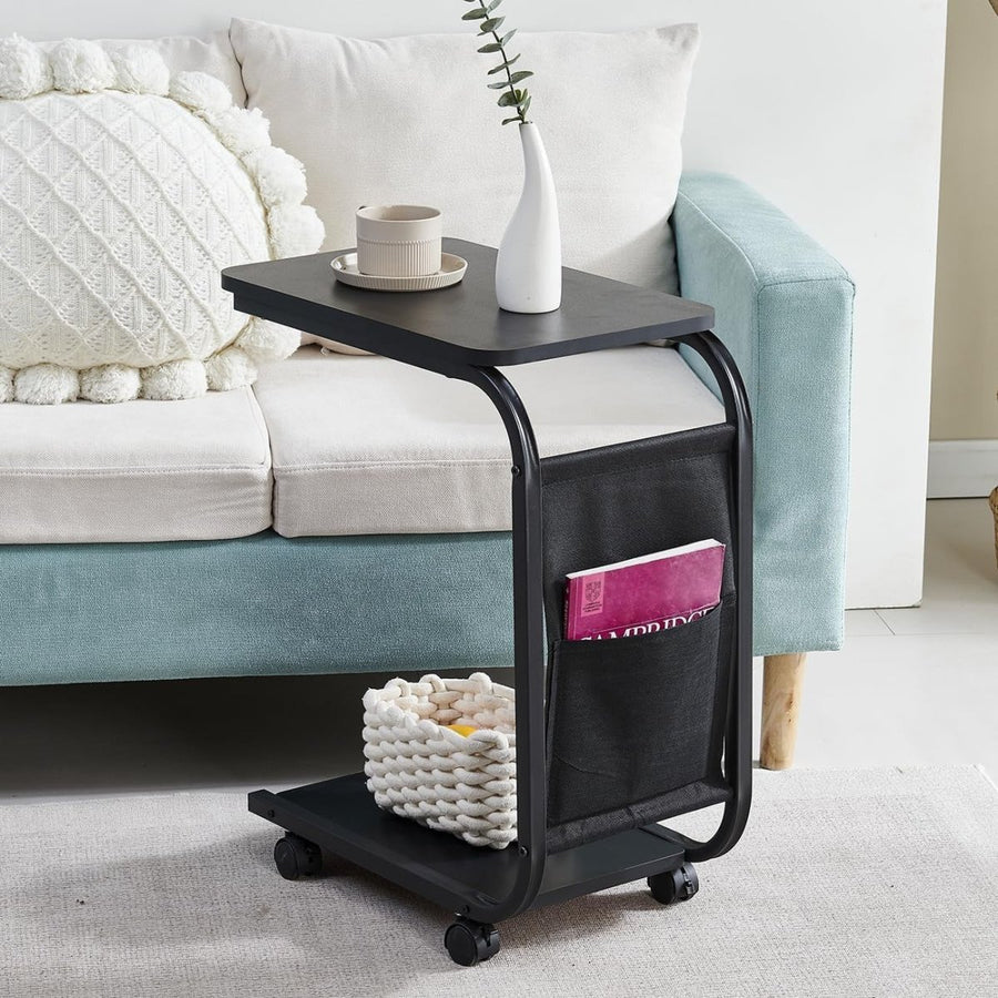 Black Rectangular C - Shaped Sofa Side Table with Wheels Metal Frame 61.5cm - Kwikley