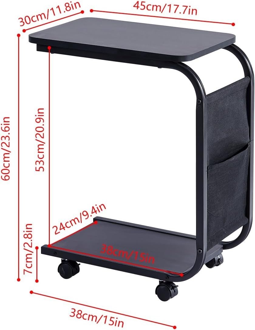 Black Rectangular C - Shaped Sofa Side Table with Wheels Metal Frame 61.5cm - Kwikley