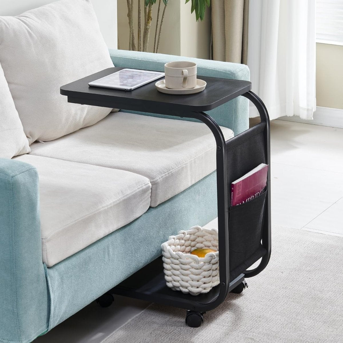 Black Rectangular C - Shaped Sofa Side Table with Wheels Metal Frame 61.5cm - Kwikley