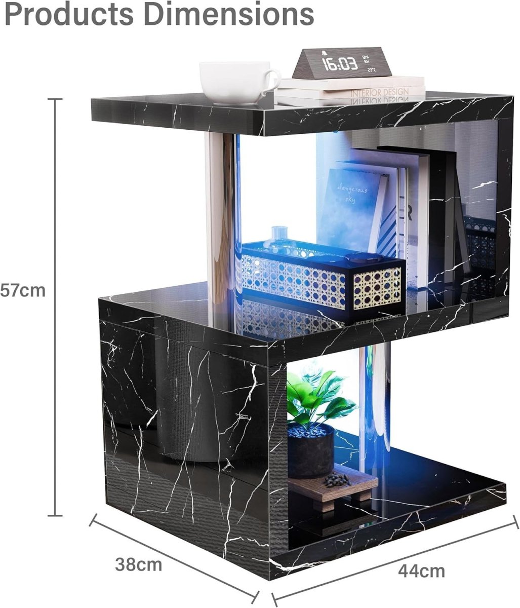 Black S - Shaped LED Side Table with RGB Lights & Storage Shelves 44x38x57cm - Kwikley