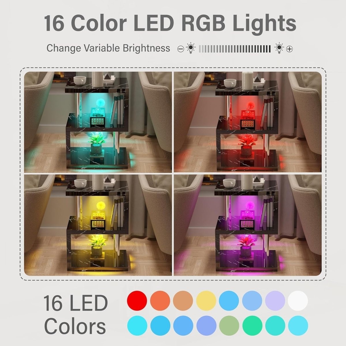 Black S - Shaped LED Side Table with RGB Lights & Storage Shelves 44x38x57cm - Kwikley