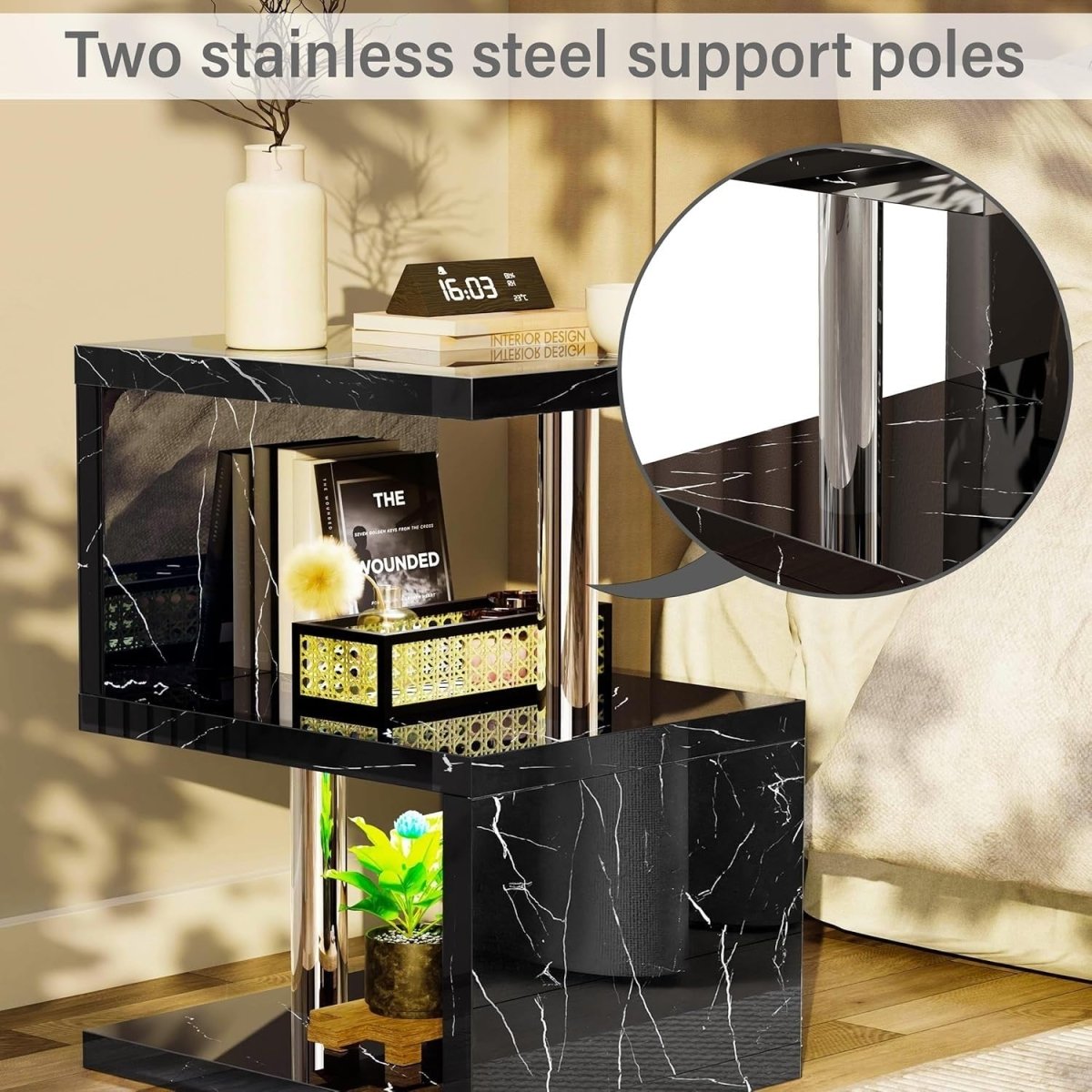 Black S - Shaped LED Side Table with RGB Lights & Storage Shelves 44x38x57cm - Kwikley