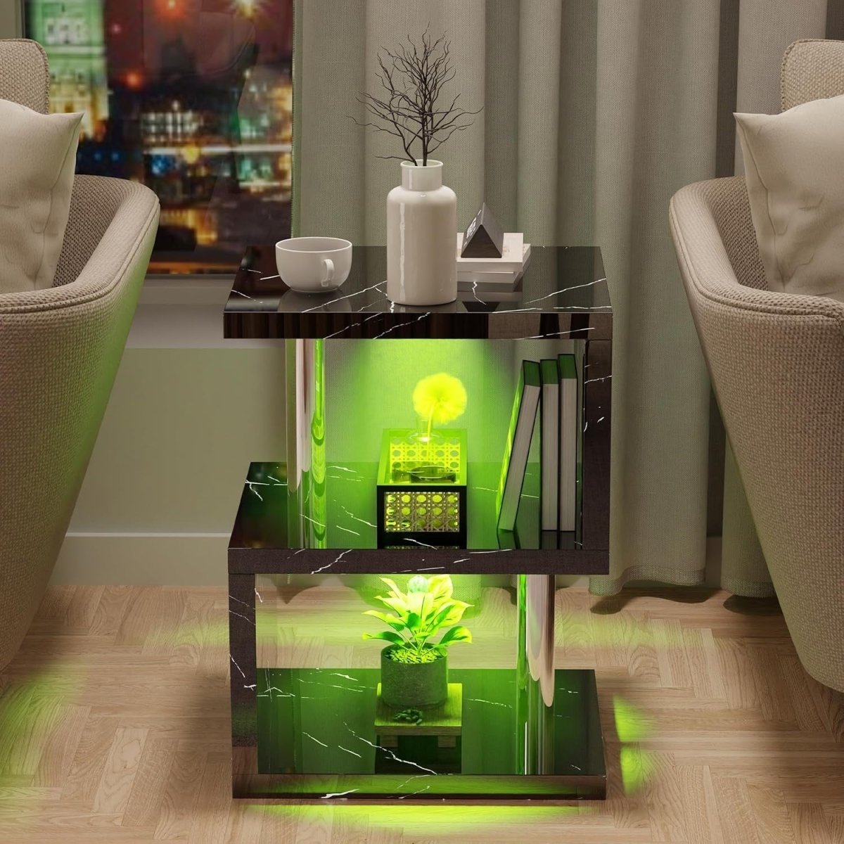 Black S - Shaped LED Side Table with RGB Lights & Storage Shelves 44x38x57cm - Kwikley