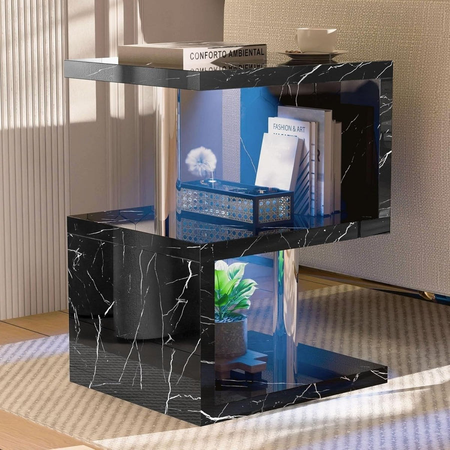 Black S - Shaped LED Side Table with RGB Lights & Storage Shelves 44x38x57cm - Kwikley