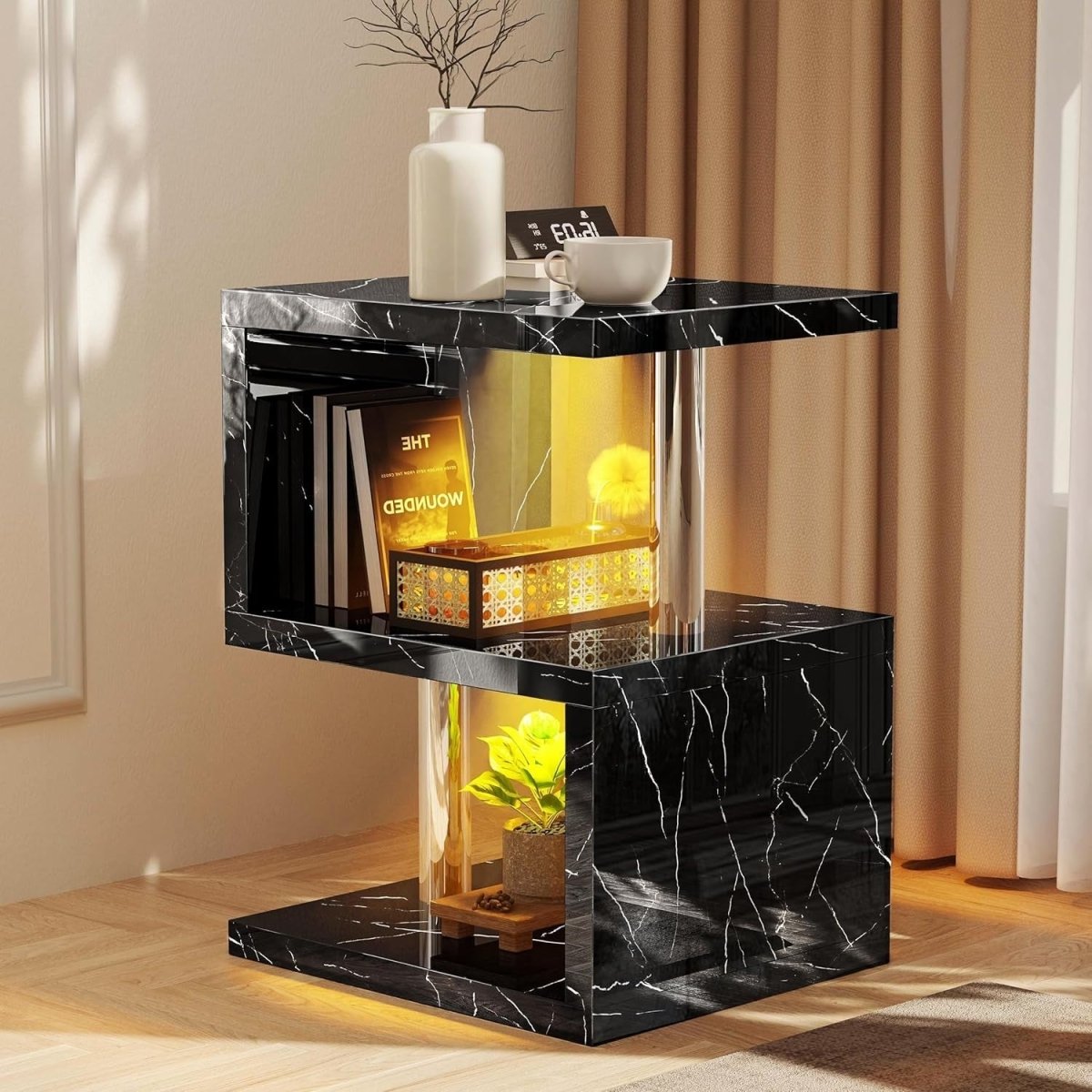 Black S - Shaped LED Side Table with RGB Lights & Storage Shelves 44x38x57cm - Kwikley