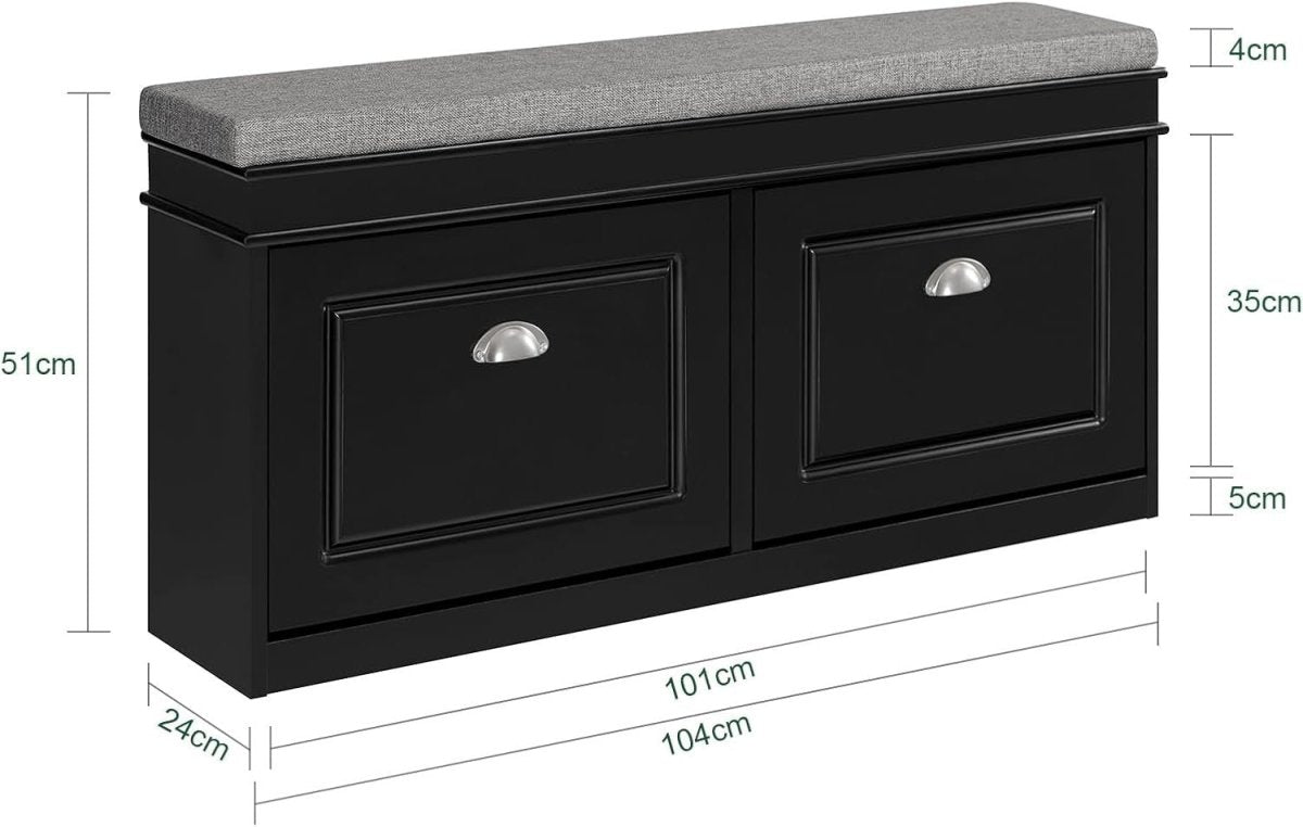 Black Shoe Storage Bench with Padded Seat & 2 Flip - Drawers – Hallway Rack - Kwikley
