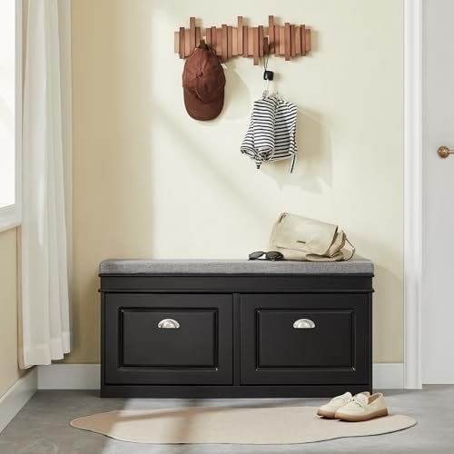 Black Shoe Storage Bench with Padded Seat & 2 Flip - Drawers – Hallway Rack - Kwikley