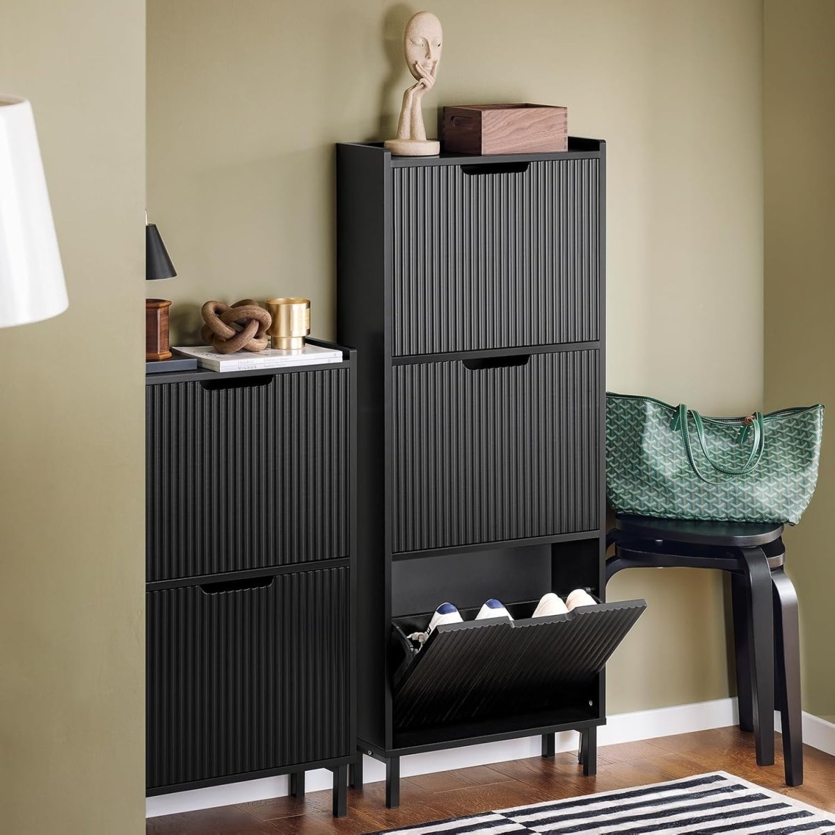 Black Slim Shoe Cabinet 3 Flip Drawers Narrow Hallway Storage Unit 130cm - Kwikley