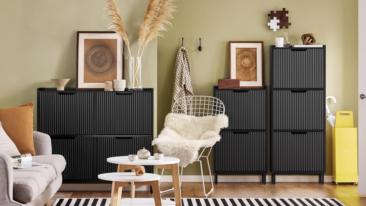 Black Slim Shoe Cabinet 3 Flip Drawers Narrow Hallway Storage Unit 130cm - Kwikley