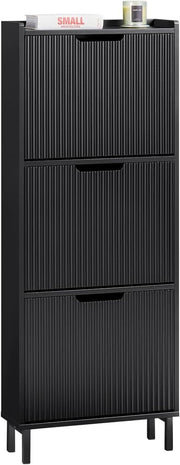 Black Slim Shoe Cabinet 3 Flip Drawers Narrow Hallway Storage Unit 130cm - Kwikley