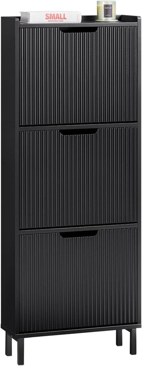 Black Slim Shoe Cabinet 3 Flip Drawers Narrow Hallway Storage Unit 130cm - Kwikley