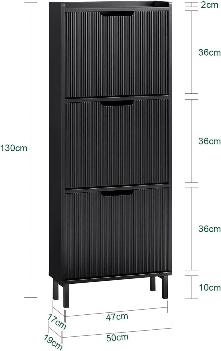 Black Slim Shoe Cabinet 3 Flip Drawers Narrow Hallway Storage Unit 130cm - Kwikley