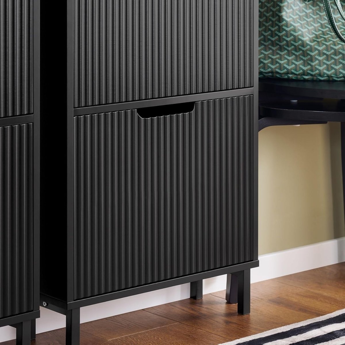 Black Slim Shoe Cabinet 3 Flip Drawers Narrow Hallway Storage Unit 130cm - Kwikley