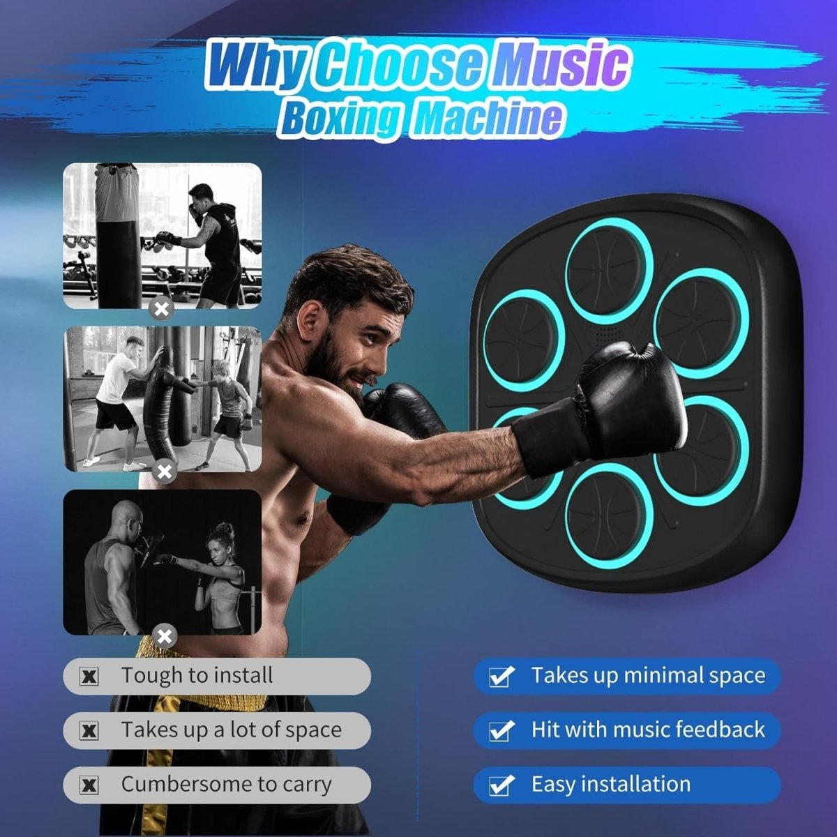 Black Smart Music Boxing Machine Teal LED Wall Punch Trainer with Gloves - Kwikley