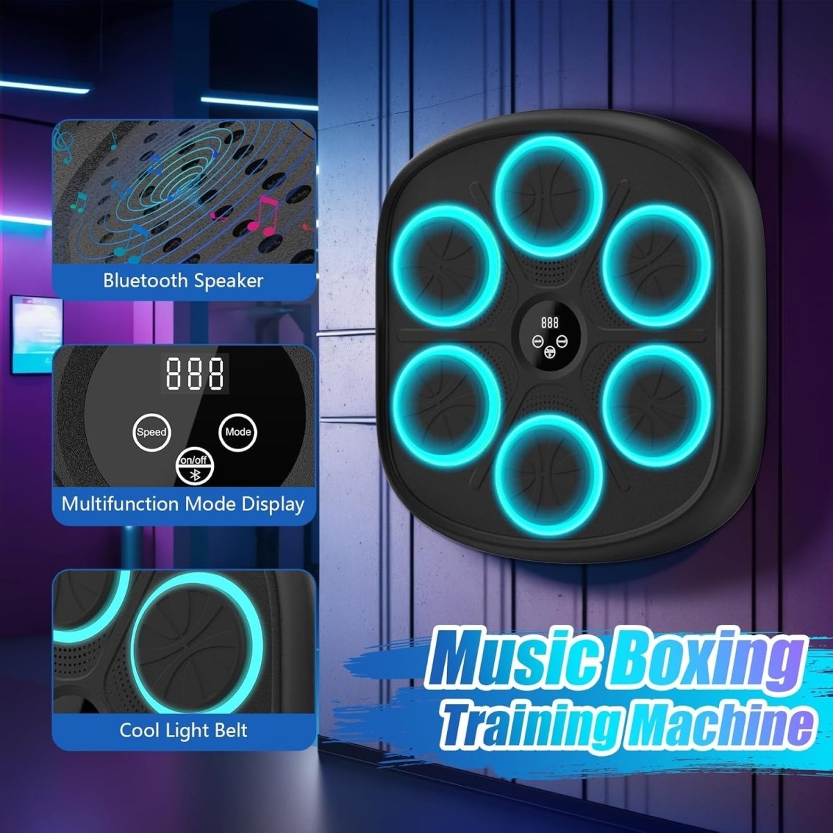 Black Smart Music Boxing Machine Teal LED Wall Punch Trainer with Gloves - Kwikley