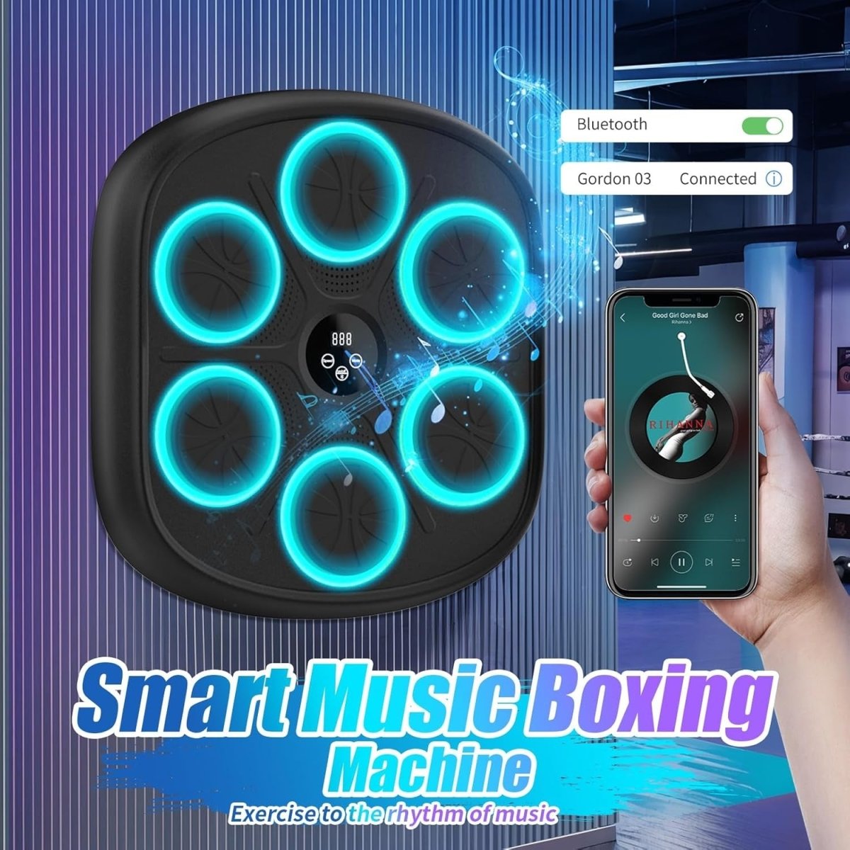 Black Smart Music Boxing Machine Teal LED Wall Punch Trainer with Gloves - Kwikley