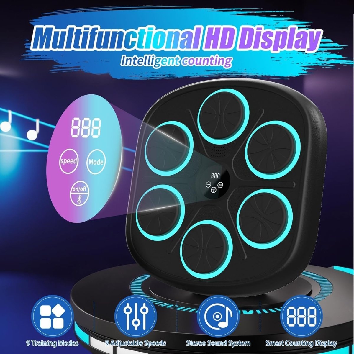 Black Smart Music Boxing Machine Teal LED Wall Punch Trainer with Gloves - Kwikley