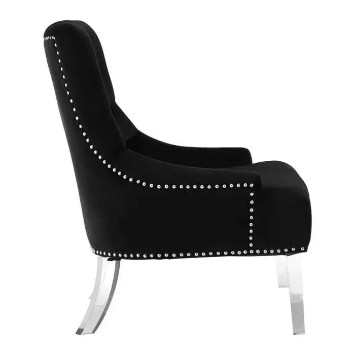 Black Velvet Accent Chair Acrylic Legs Tufted Studded Lounge Seat - Kwikley