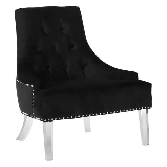 Black Velvet Accent Chair Acrylic Legs Tufted Studded Lounge Seat - Kwikley