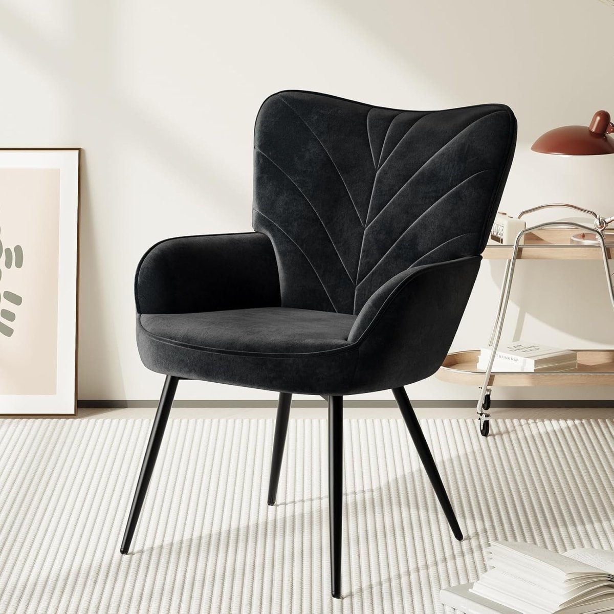 Black Velvet Accent Chair Armchair with Metal Legs Wide Seat - Kwikley