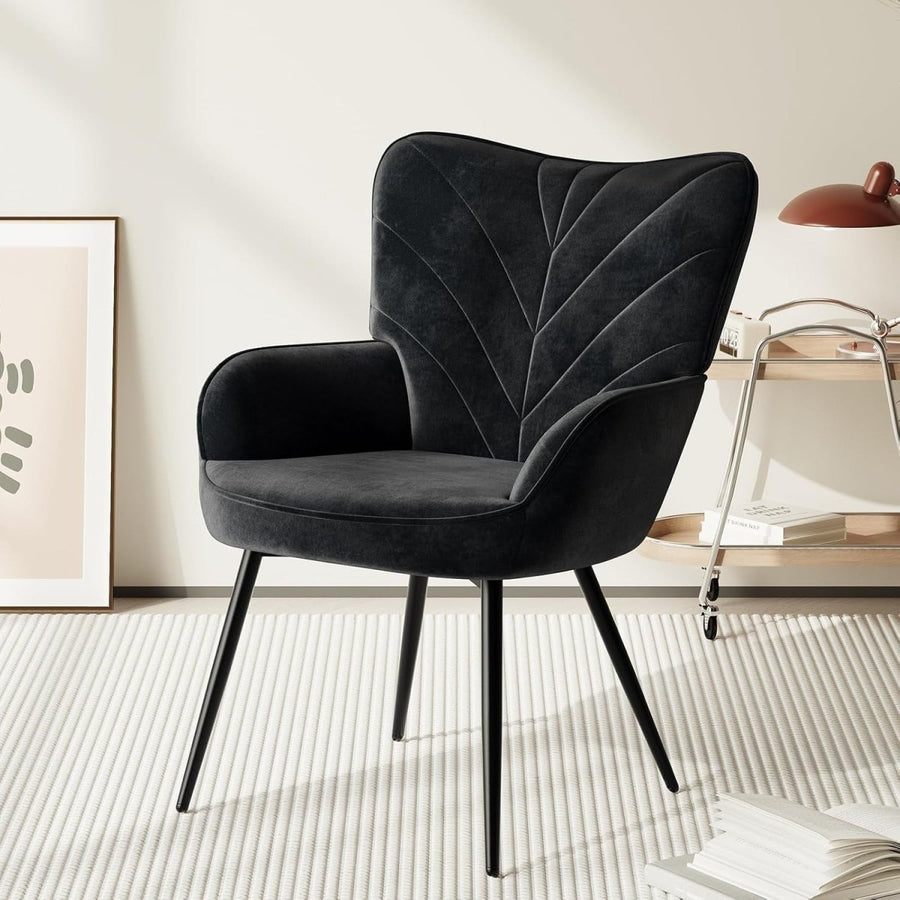 Black Velvet Accent Chair Armchair with Metal Legs Wide Seat - Kwikley