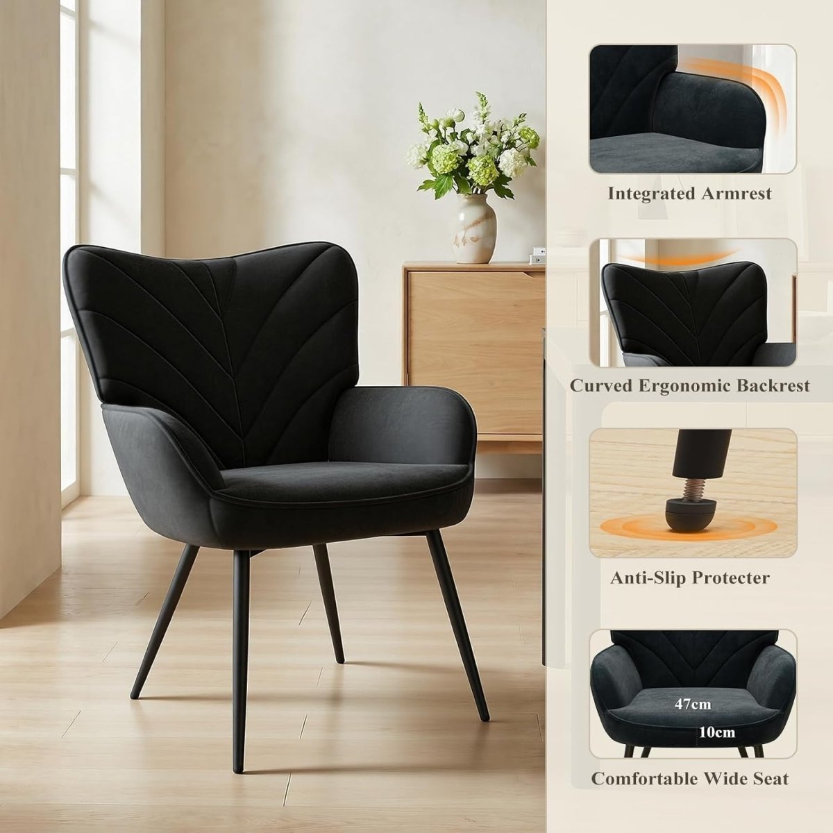 Black Velvet Lounge Accent Chair Wide Seat Metal Legs - Kwikley