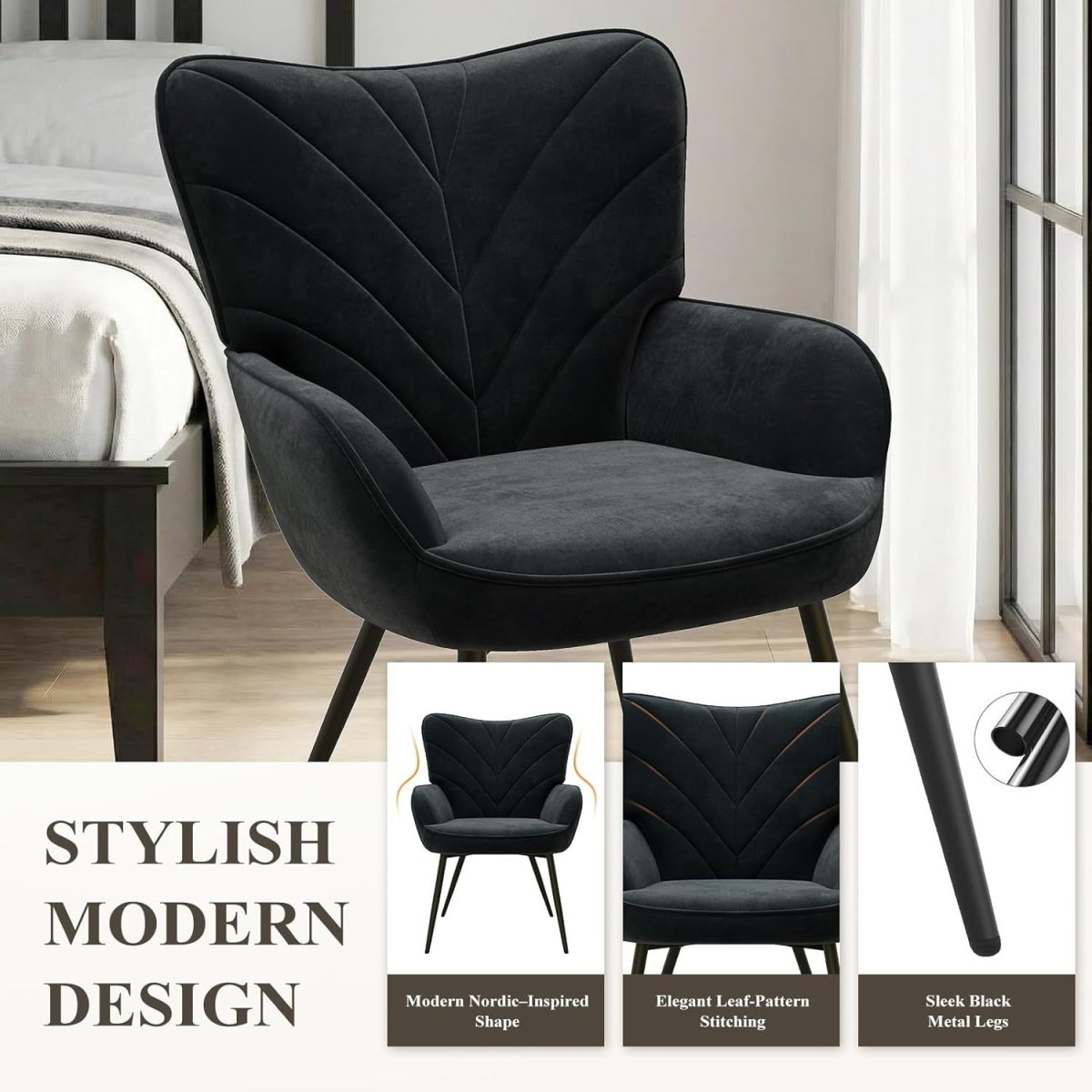 Black Velvet Lounge Accent Chair Wide Seat Metal Legs - Kwikley