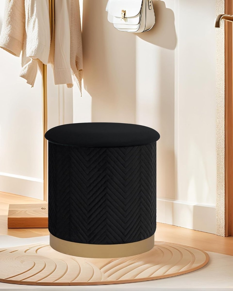 Black Velvet Round Storage Pouffe Folding Ottoman Seat with Tray - Top Lid - Kwikley