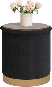 Black Velvet Round Storage Pouffe Folding Ottoman Seat with Tray - Top Lid - Kwikley
