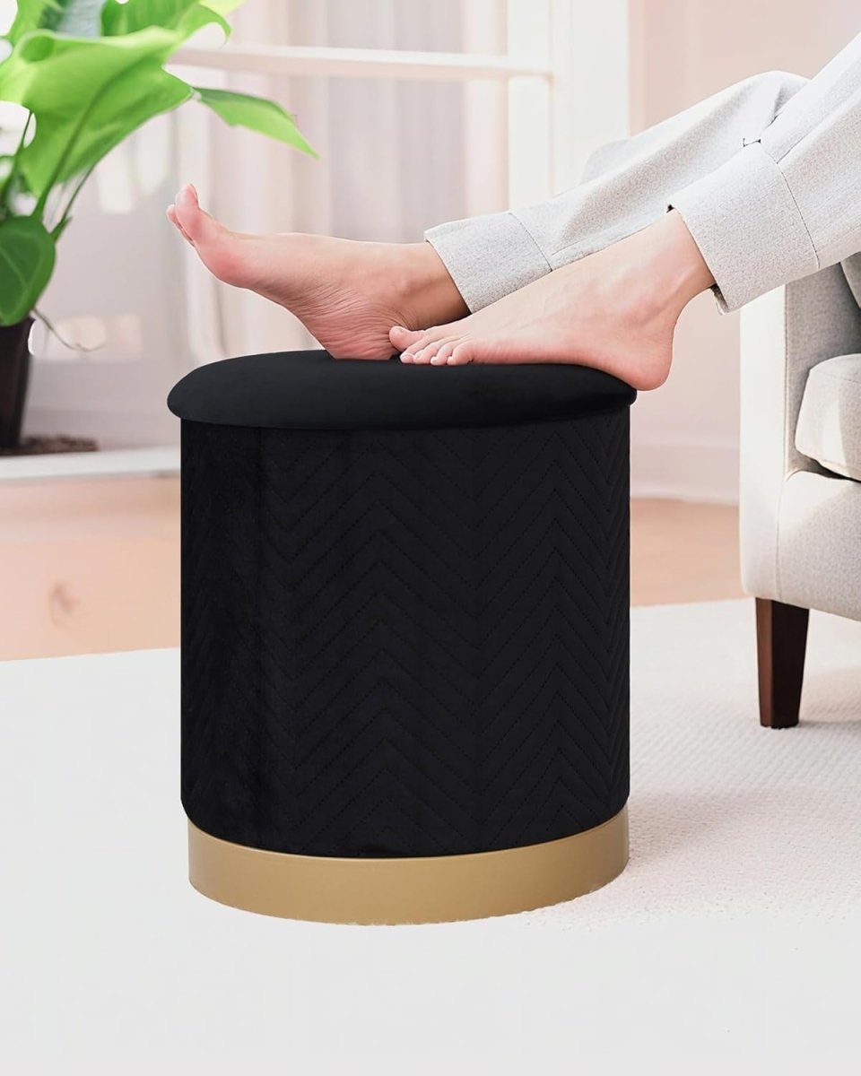 Black Velvet Round Storage Pouffe Folding Ottoman Seat with Tray - Top Lid - Kwikley