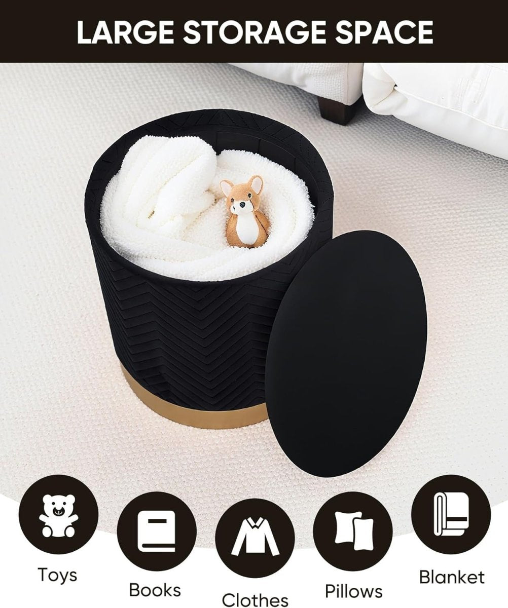 Black Velvet Round Storage Pouffe Folding Ottoman Seat with Tray - Top Lid - Kwikley