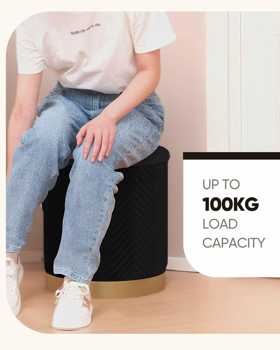 Black Velvet Round Storage Pouffe Folding Ottoman Seat with Tray - Top Lid - Kwikley