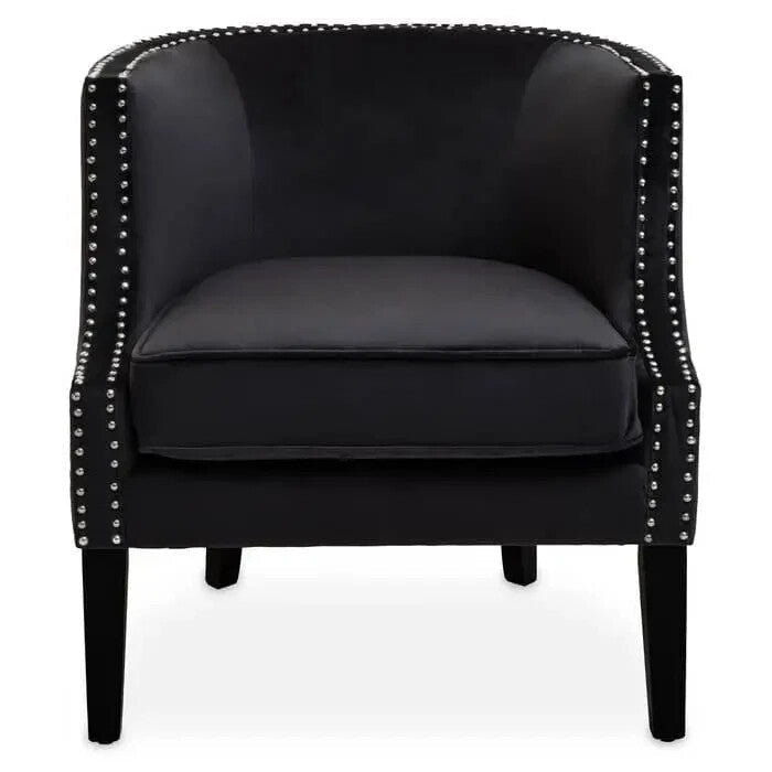 Black Velvet Studded Accent Chair with Foam Seat & Rubberwood Frame - Kwikley