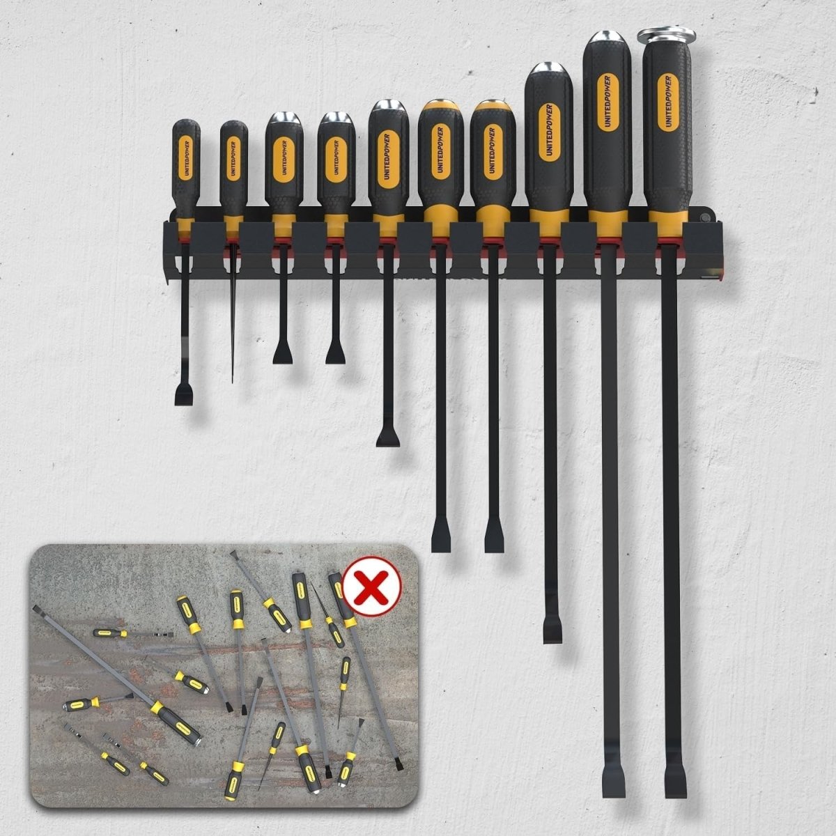 Black Wall - Mounted Pry Bar Organizer Rack Heavy Metal Tool Storage - Kwikley