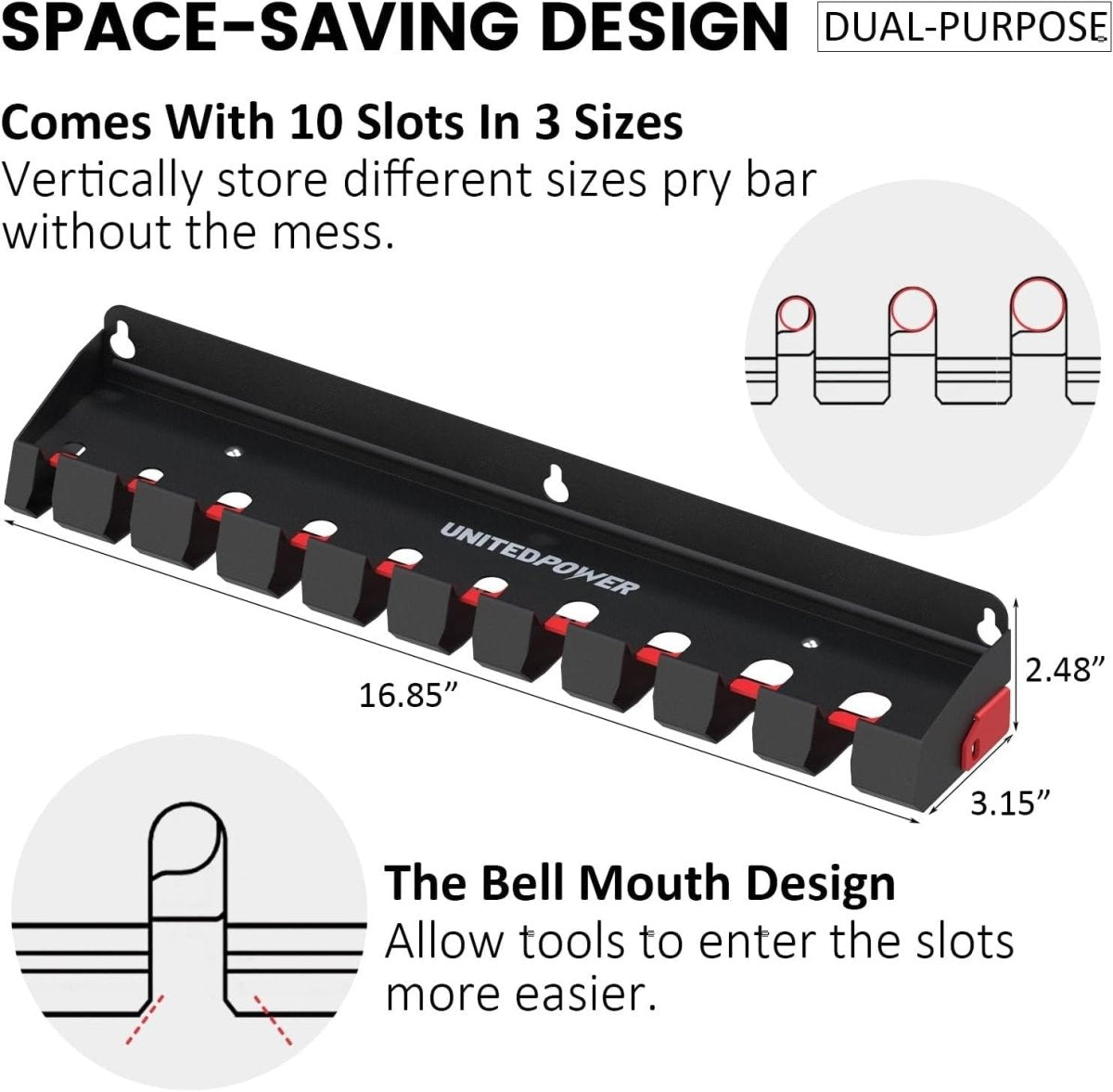 Black Wall - Mounted Pry Bar Organizer Rack Heavy Metal Tool Storage - Kwikley