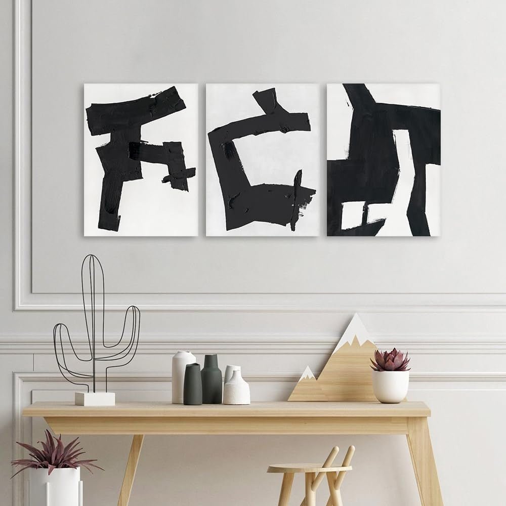 Black White Abstract Wall Art Set of 3 Framed 30x40cm - Kwikley