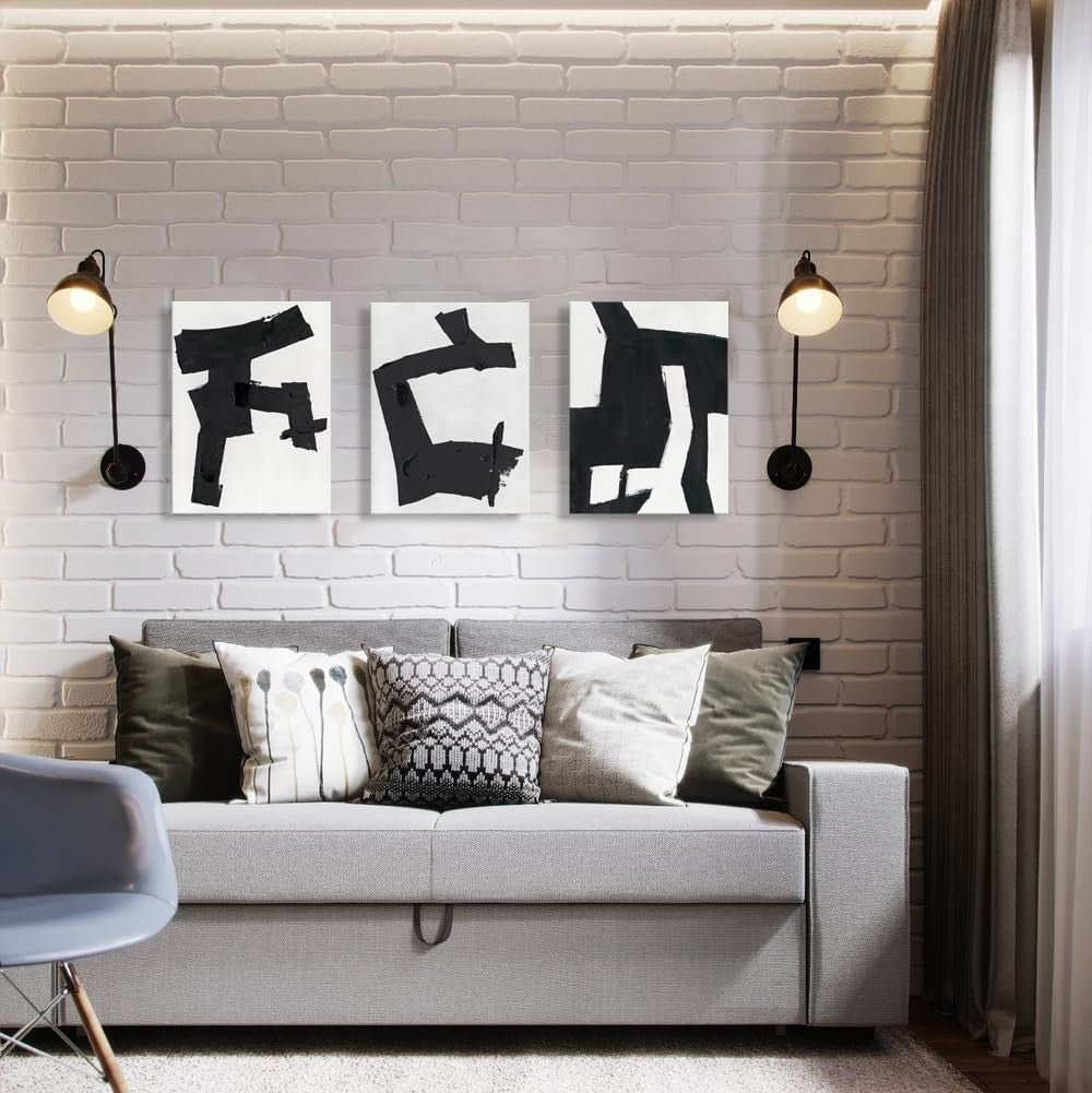Black White Abstract Wall Art Set of 3 Framed 30x40cm - Kwikley