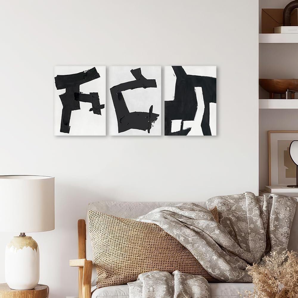 Black White Abstract Wall Art Set of 3 Framed 30x40cm - Kwikley
