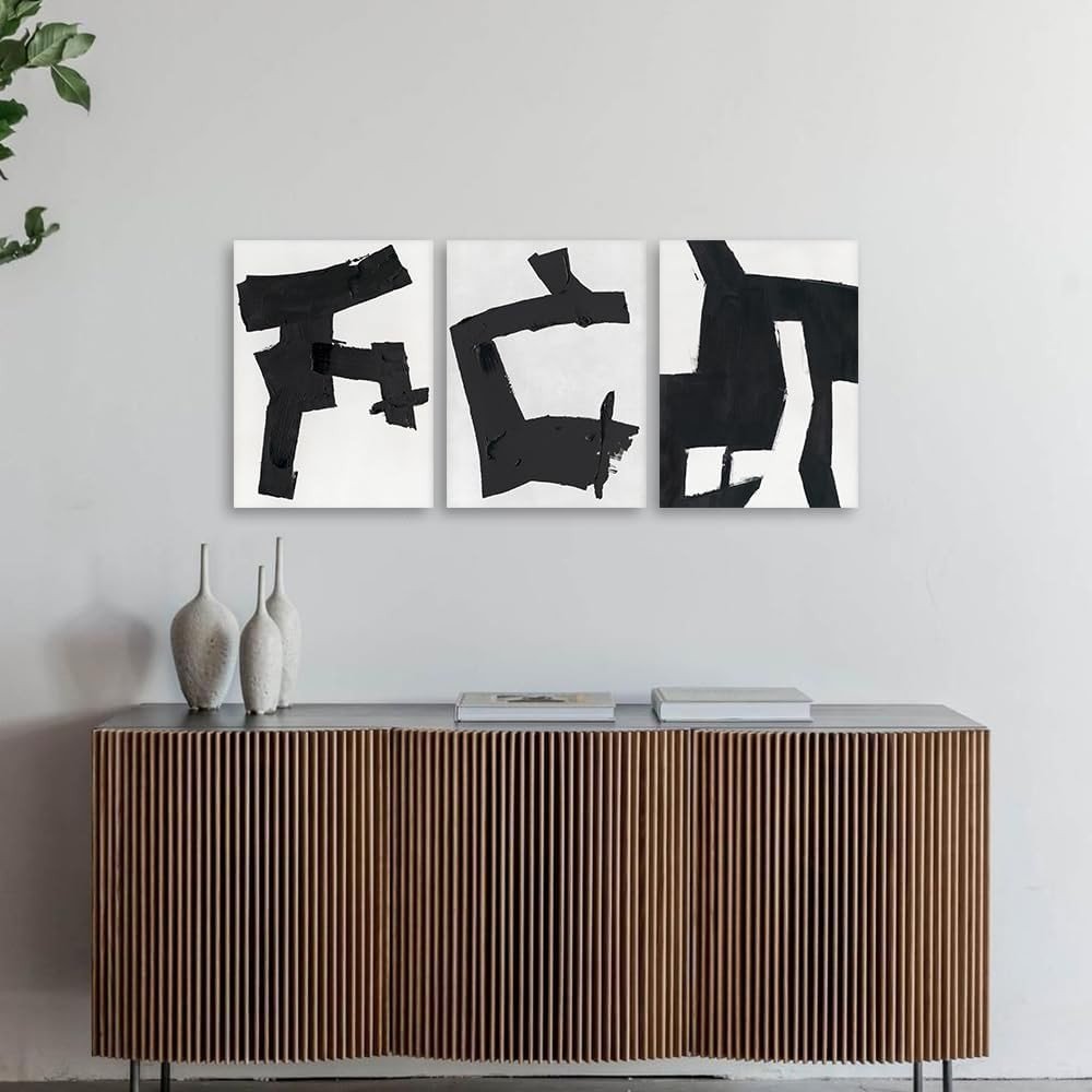 Black White Abstract Wall Art Set of 3 Framed 30x40cm - Kwikley