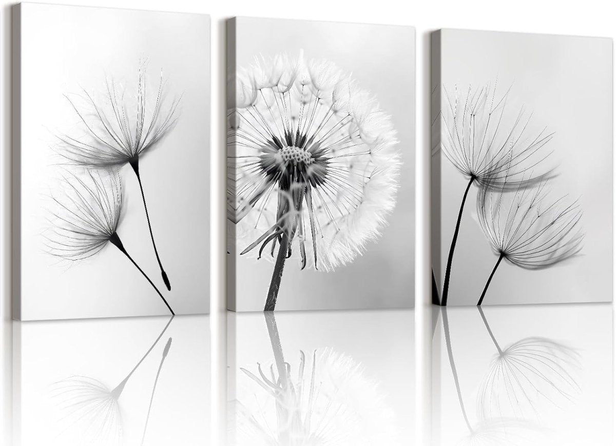 Black White Dandelion Canvas Wall Art Set 3 Framed 30x40cm - Kwikley