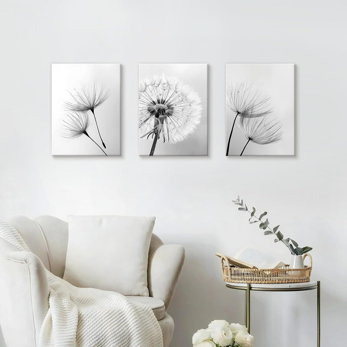Black White Dandelion Canvas Wall Art Set 3 Framed 30x40cm - Kwikley