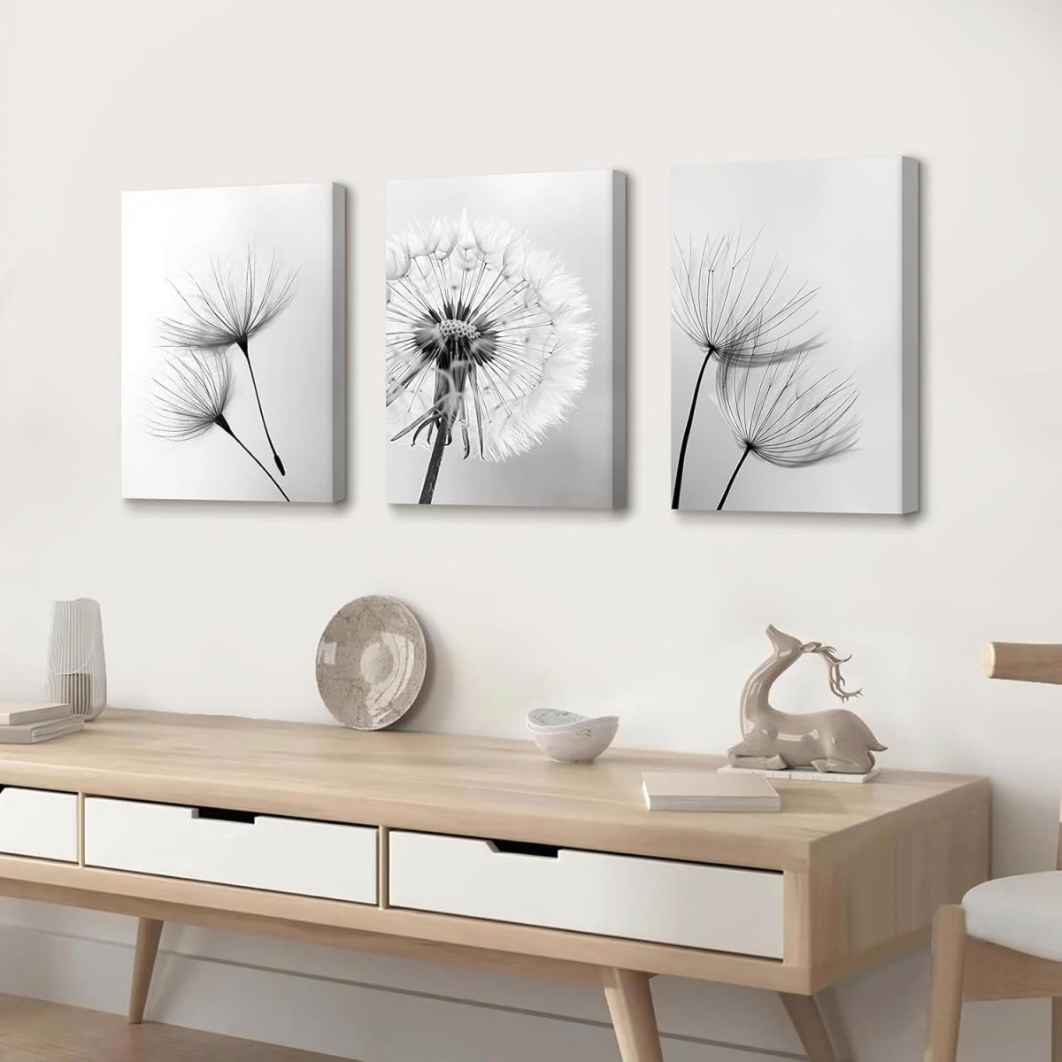 Black White Dandelion Canvas Wall Art Set 3 Framed 30x40cm - Kwikley