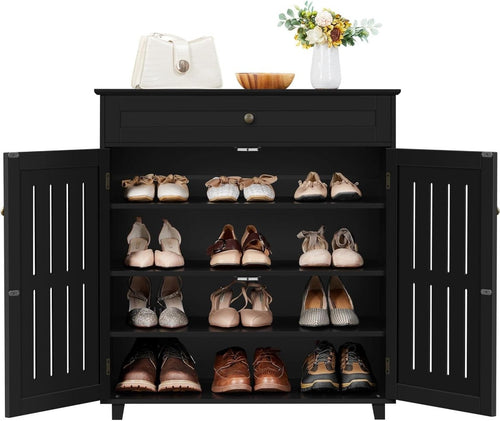 Black Wooden Shoe Cabinet with Drawer & Adjustable Shelves for Hallway - Kwikley