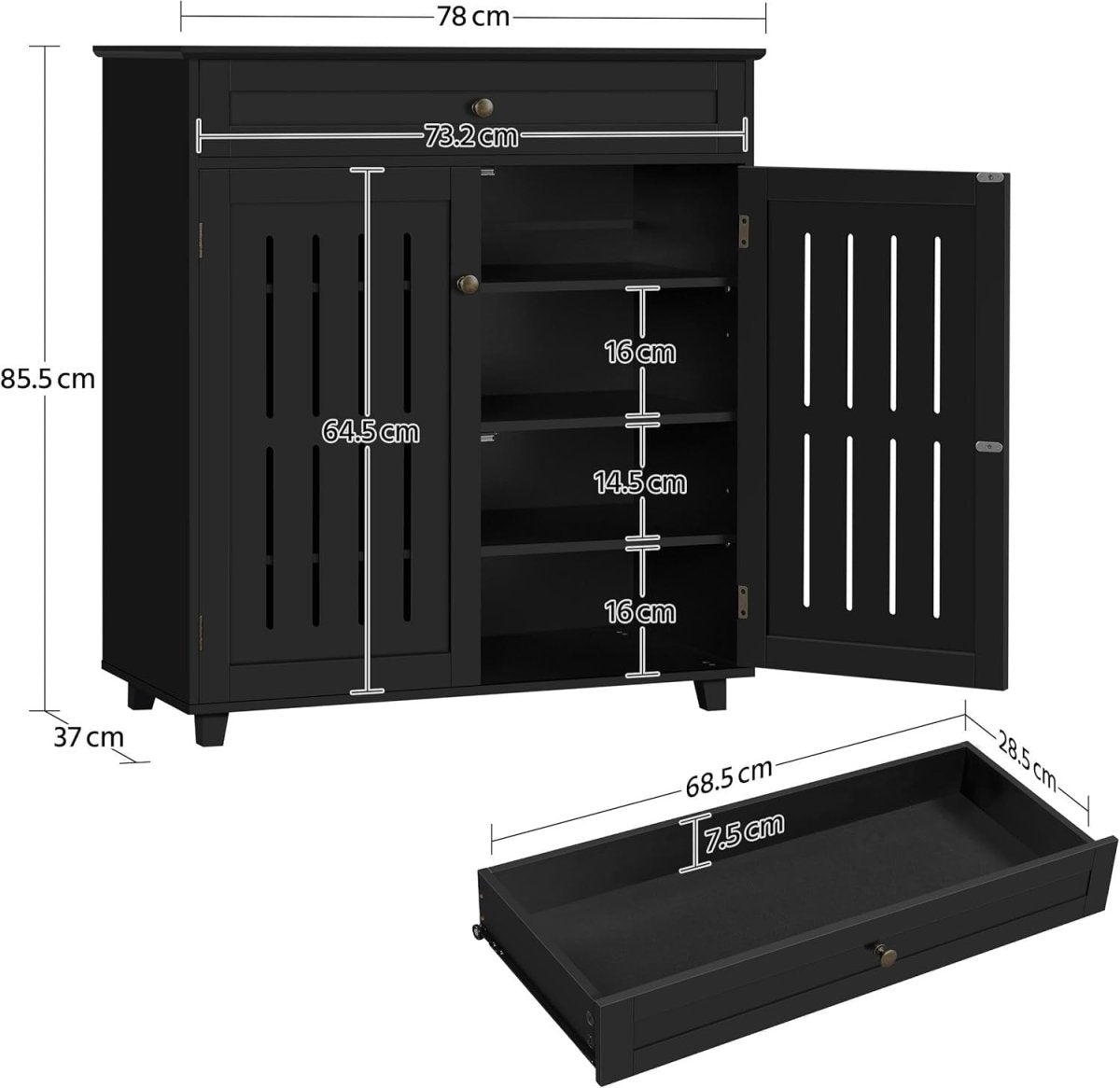 Black Wooden Shoe Cabinet with Drawer & Adjustable Shelves for Hallway - Kwikley