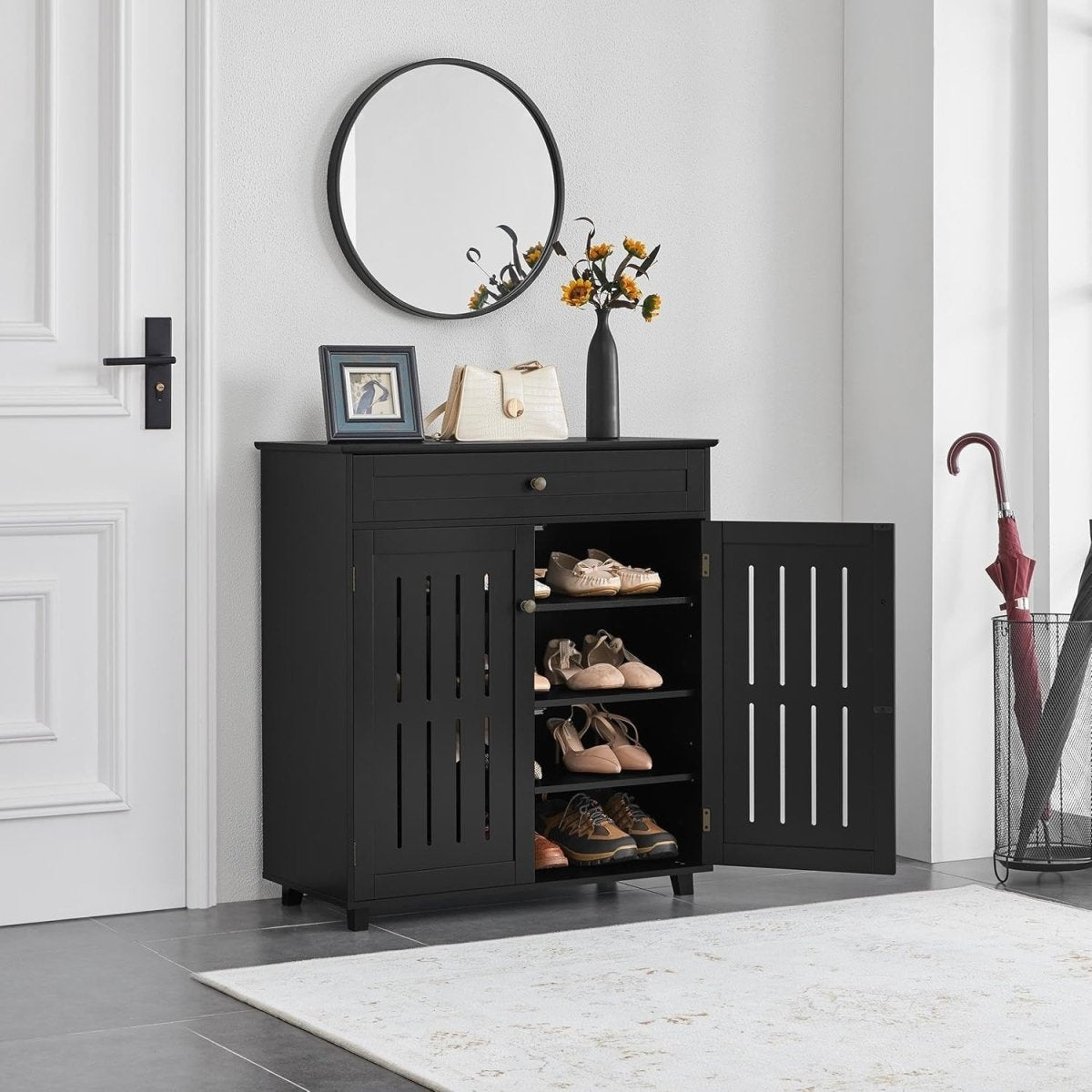 Black Wooden Shoe Cabinet with Drawer & Adjustable Shelves for Hallway - Kwikley