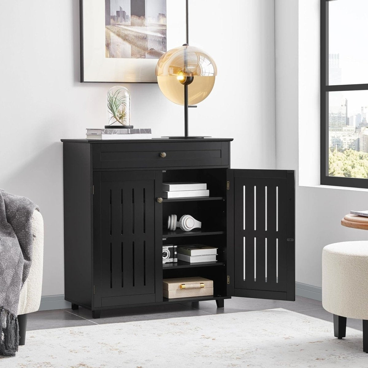 Black Wooden Shoe Cabinet with Drawer & Adjustable Shelves for Hallway - Kwikley