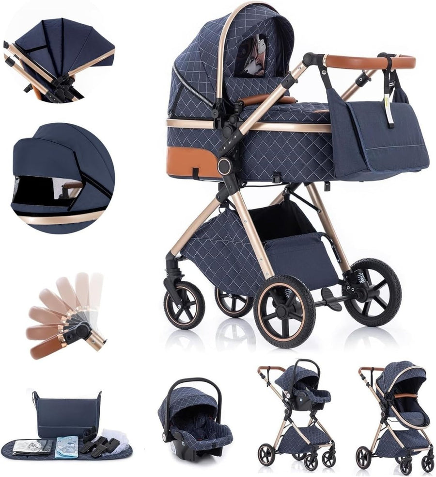 Blue 3 in 1 Baby Pram Travel System Pushchair Adjustable Handle - Kwikley