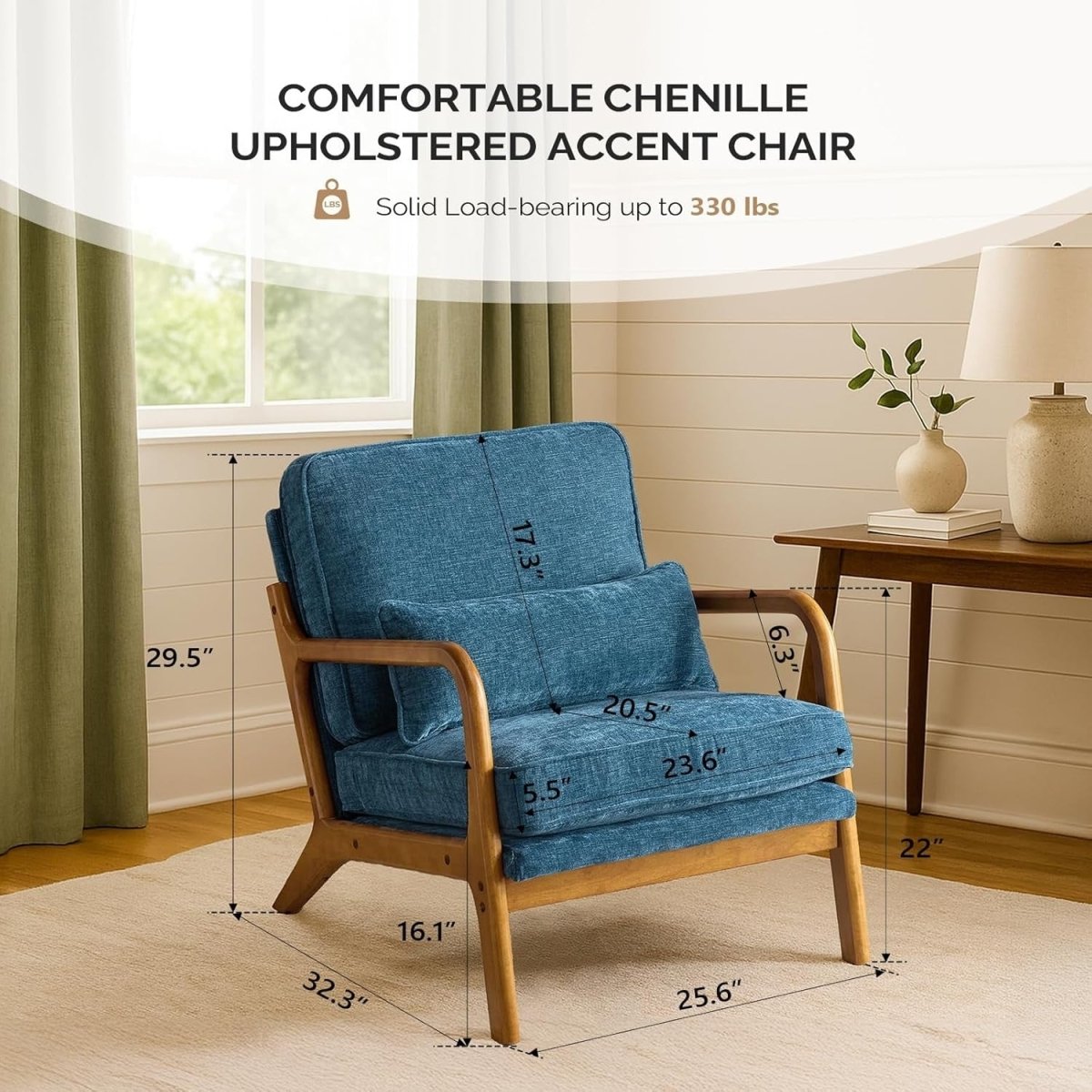 Blue Chenille Accent Armchair Solid Wood Lounge Chair w Cushion - Kwikley